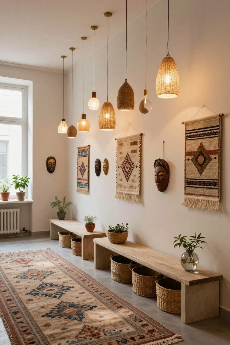 Long indoor hallway with white walls, wooden benches holding plants and topped with baskets underneath, hanging woven pendant lights, woven wall tapestries and wooden masks, potted plants by windows, and a patterned runner rug on the floor.