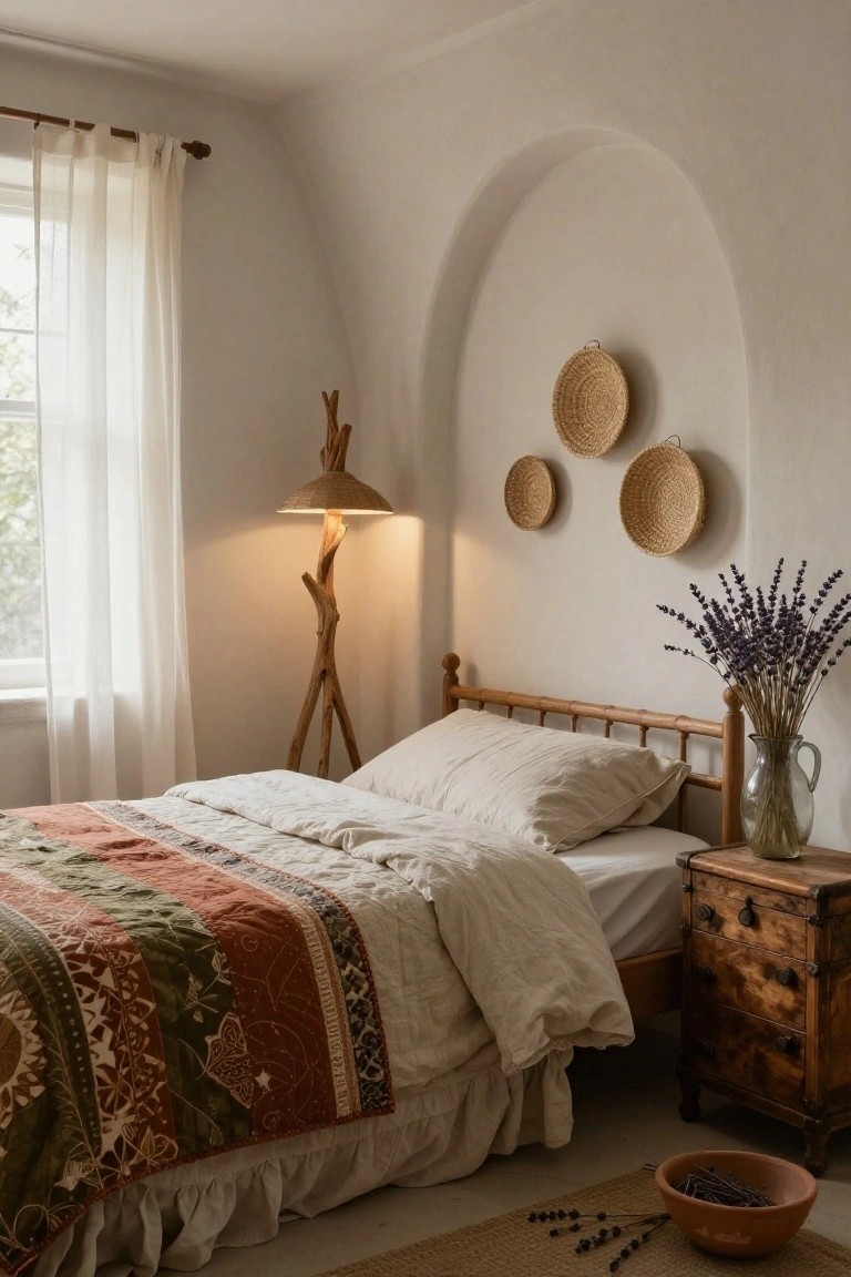 Bedroom with wooden arched bed frame draped in colorful patterned quilt and white linen sheets, twisted wood floor lamp lit up, wooden dresser, three woven baskets hanging in white arched wall niche, lavender bouquet in glass jug, and lavender stems in terracotta bowl on rug.