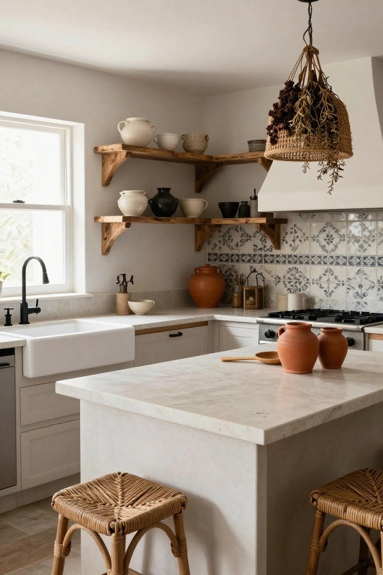 White kitchen with wooden open shelves displaying assorted white, black, and terracotta ceramic pots, marble island with rattan stools, farmhouse sink, and blue-and-white tiled backsplash.