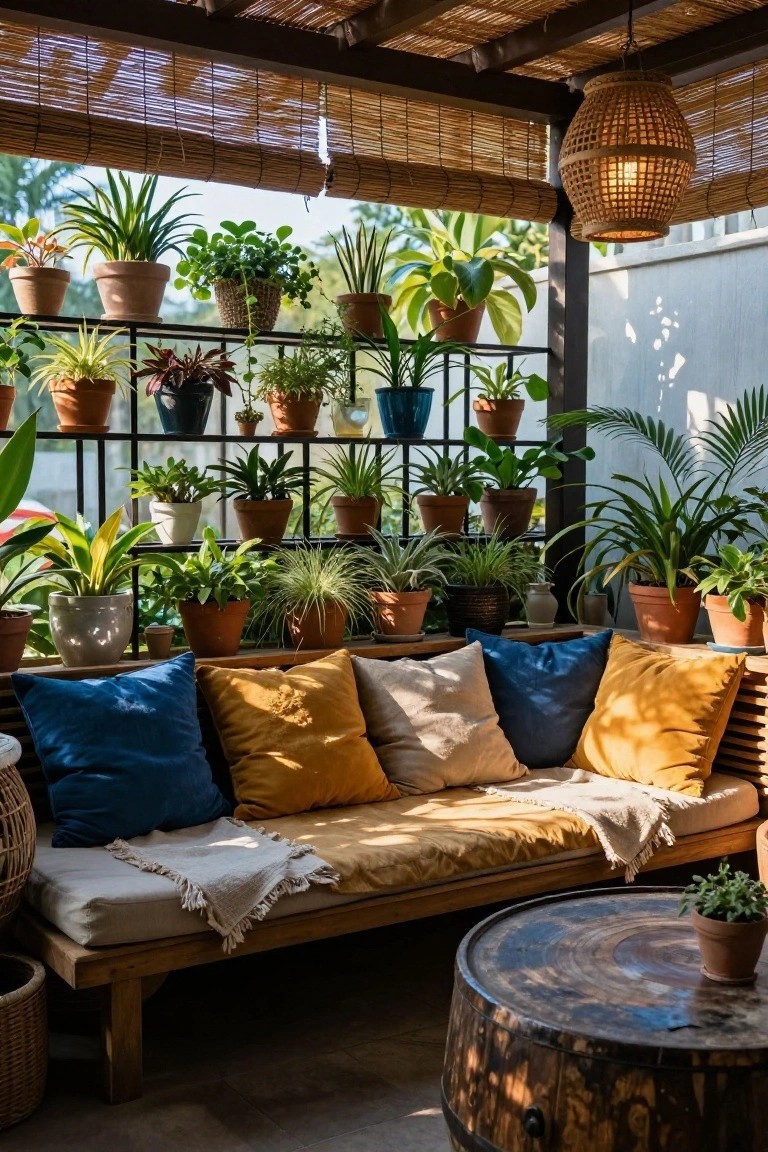 A covered outdoor seating area with a wooden bench topped by blue, yellow, and beige cushions and a throw blanket, a round weathered barrel table holding a small potted plant, and a tall black metal shelving unit filled with numerous potted plants of various types and sizes, under bamboo shades and a hanging lantern.