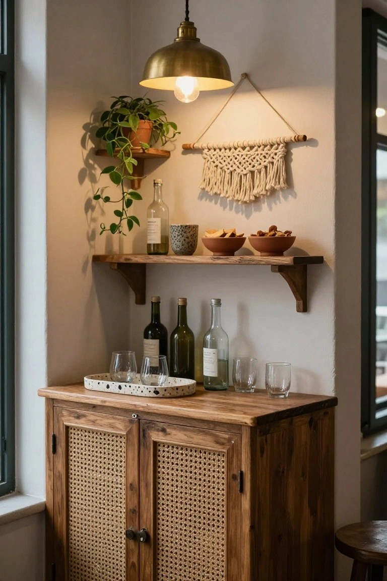 Wooden cabinet with rattan-fronted doors in a light-filled corner, topped with a dotted tray holding glasses, shelves above with wine bottles, vodka, snacks in terracotta bowls, potted plant, macrame hanger, and brass pendant light overhead.