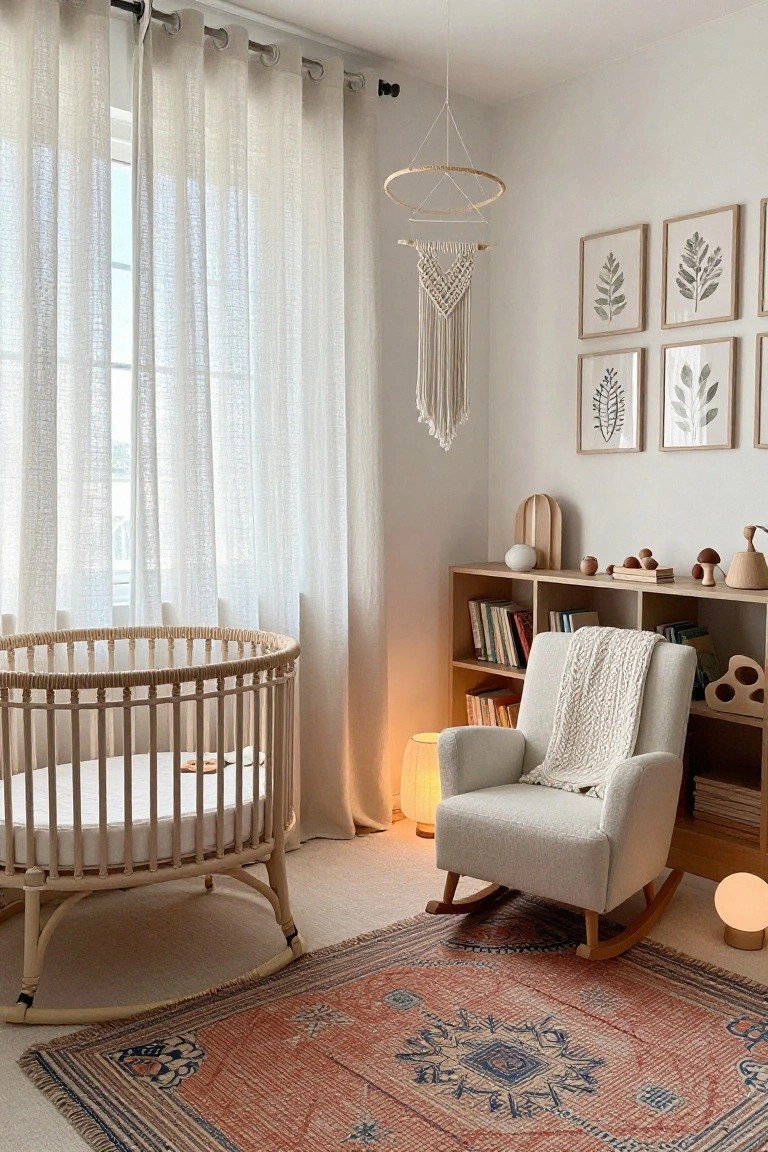 A sunlit nursery with an oval rattan crib, white upholstered rocking chair on a red patterned rug, wooden bookshelves stocked with books and toys, hanging macrame decor, leaf prints on walls, and sheer curtains at the window.