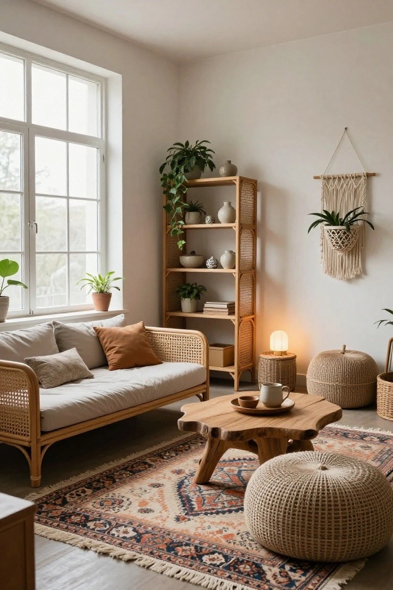Bright corner of a living room with white walls, large window, beige rattan daybed with cushions, wooden ladder shelf holding plants and ceramics, low wooden table, woven pouf, and patterned rug on wood floor.