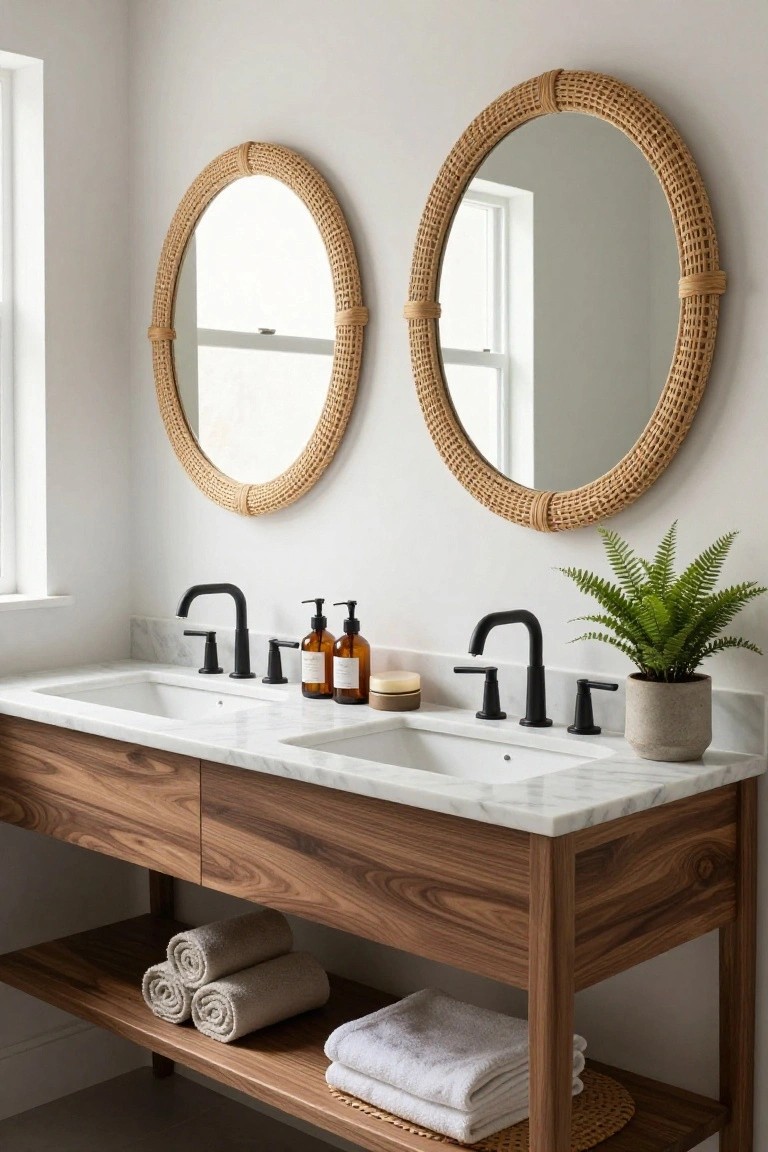 Bathroom double vanity with white marble countertop, two undermount sinks, black faucets, two large round mirrors with rattan frames, wood cabinetry with open shelving holding rolled towels, potted fern plant, and amber glass bottles.