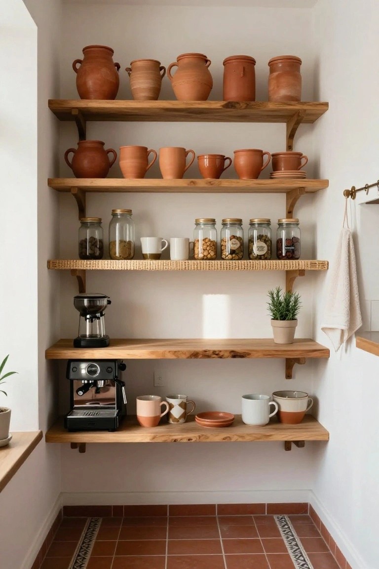 Kitchen corner with white walls and terracotta tile floor featuring five wooden open shelves displaying assorted terracotta pots, jars with snacks, white mugs, and plants, plus an espresso machine and coffee grinder on the lowest shelf.