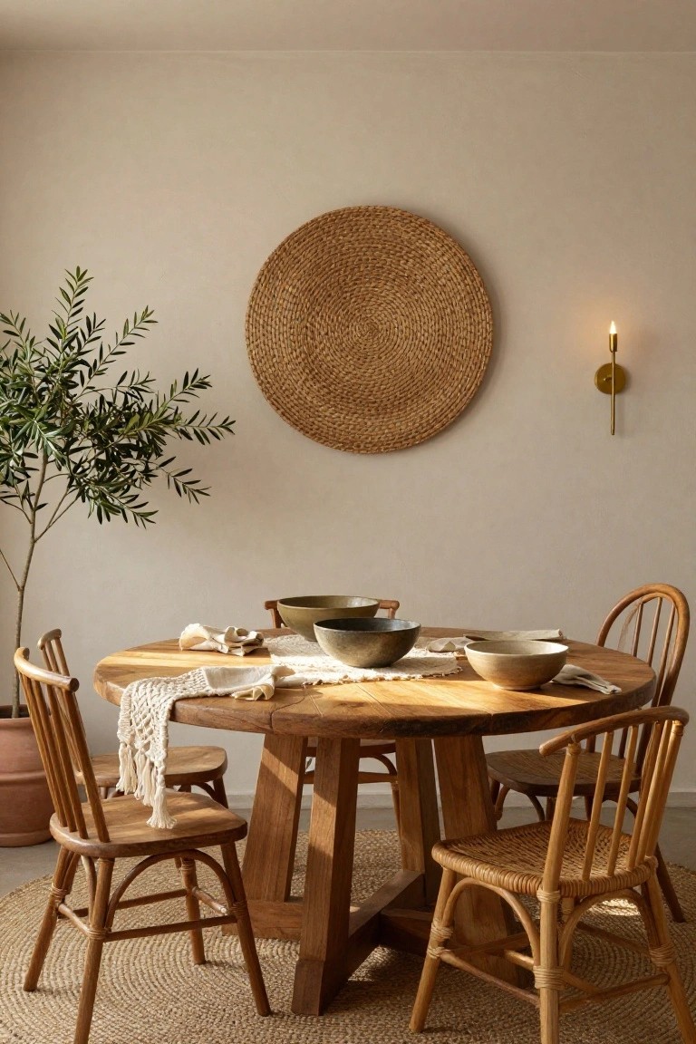 Round wooden dining table with macrame runner and ceramic bowls in a beige-walled room with mixed wood and rattan chairs, olive tree in terracotta pot, large woven wall hanging, and jute rug.