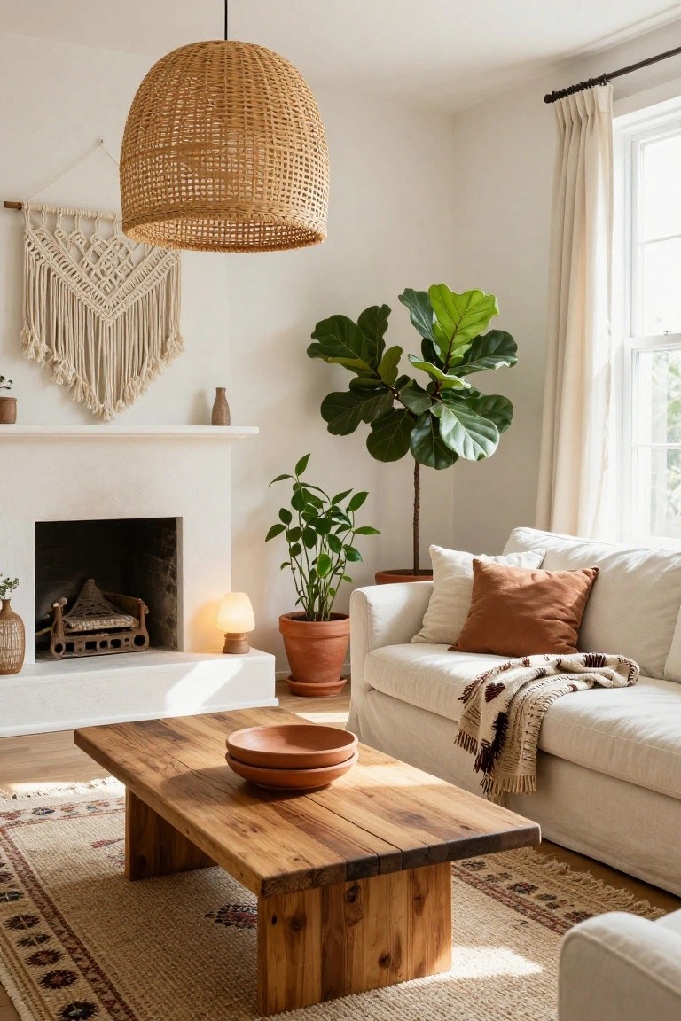 Living room featuring a low reclaimed wood coffee table with terracotta bowls, white sofa with pillows and throw, large potted fiddle leaf fig plant, woven pendant lamp, macrame wall hanging, and white fireplace on hardwood floors with a patterned rug.