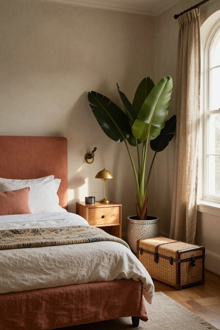 Bedroom corner with rust-colored upholstered bed frame and white linens, wooden nightstand holding brass lamp and ceramic pot, tall potted banana plant, woven trunk chest, and arched window with beige linen curtains.