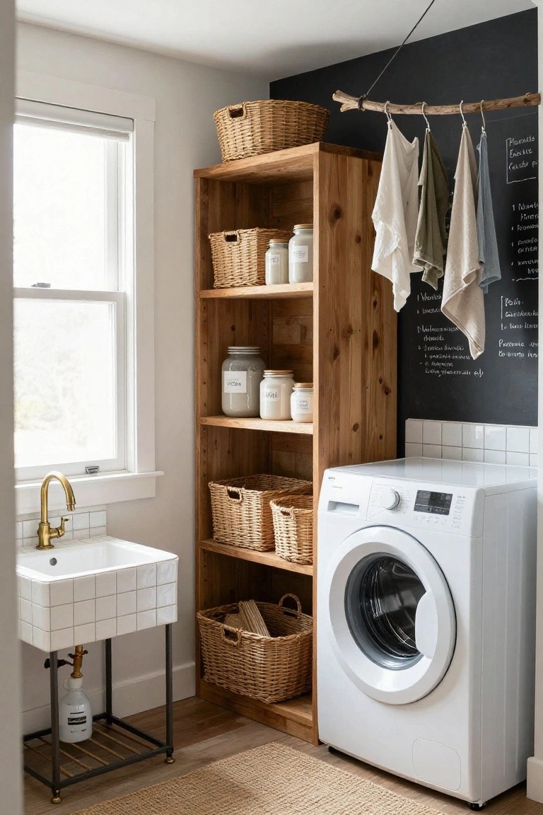 Tall wooden open shelving unit stocked with wicker baskets, glass jars, and linens beside a white front-load washer and a white tiled farmhouse sink on metal legs in a laundry room with a blackboard wall and hanging driftwood rack.