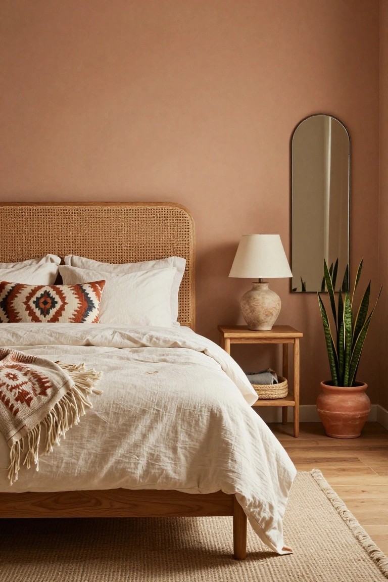 Bedroom interior with terracotta walls, rattan headboard bed covered in white linens and patterned pillows, wooden nightstand holding a ceramic lamp and snake plant in terracotta pot, and arched mirror nearby.