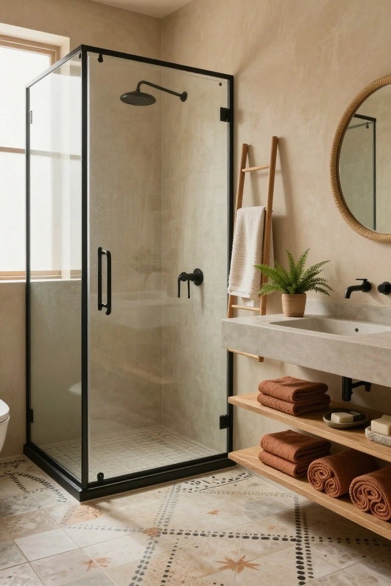 A boho-style bathroom with beige textured walls, black-framed glass shower enclosure, wooden ladder holding a white towel, floating wooden shelf under a concrete sink with orange towels, rattan round mirror, potted fern, and star-patterned beige floor tiles.