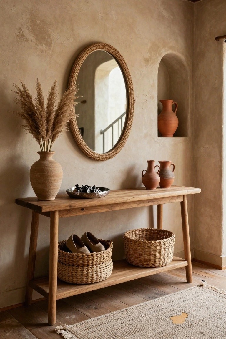 Console table made of light wood with woven baskets underneath holding a pair of brown shoes, a tall pampas grass arrangement in a terracotta vase, a metal bowl with black objects on top, next to a large oval rattan mirror against textured beige walls with an arched niche holding two terracotta pots.