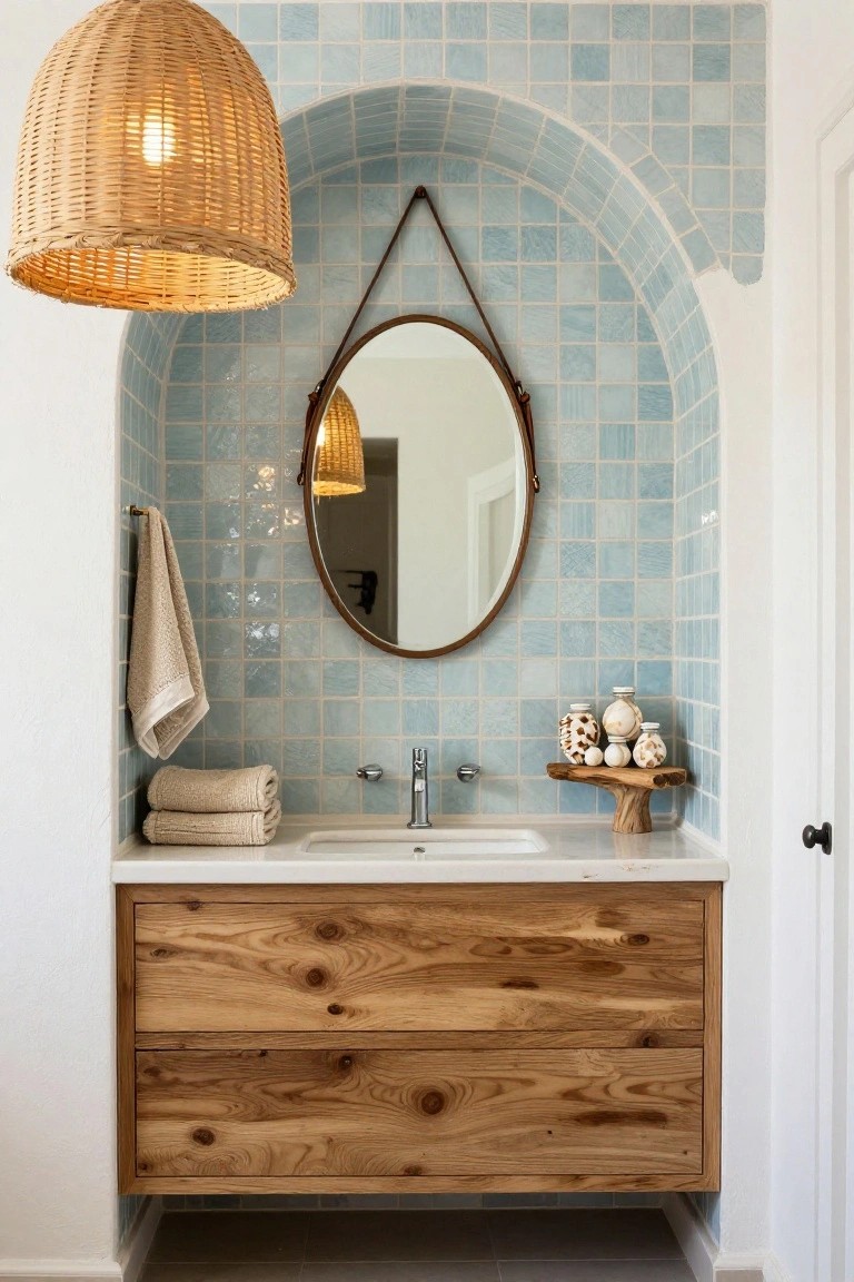Bathroom with light blue square mosaic tiles forming an arched niche containing a round mirror with leather strap, rattan pendant light, brass towel rack, stacked towels, floating wood vanity with white sink, and ceramic decor on wood shelf.