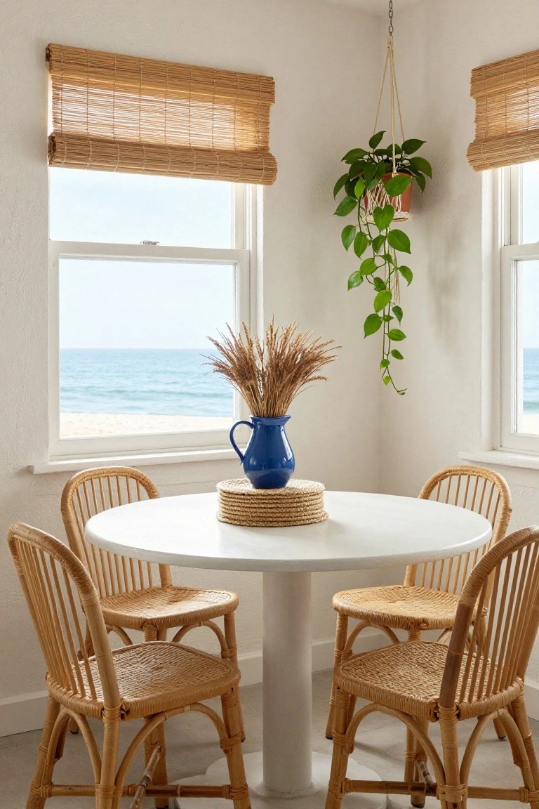 Corner room with round white table and four rattan chairs, blue jug of wheat stalks on woven placemats, hanging potted plant, bamboo shades on two large windows overlooking beach and ocean.