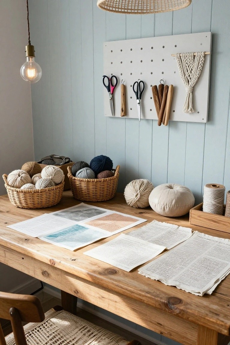 Wooden desk topped with several wicker baskets filled with yarn balls in neutral tones, alongside paper printouts and a stuffed fabric pumpkin, next to a pegboard wall tool organizer in a light blue room.