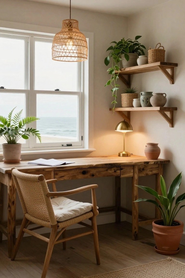 Interior corner workspace with wooden desk, rattan chair with cushion, potted plants, wooden shelves with ceramics, brass lamp, pendant light, and window view of ocean.