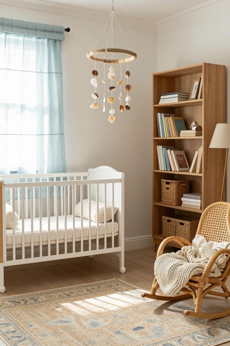 A light nursery with a white crib under a driftwood hoop mobile decorated with shells and scallops, a wooden bookshelf stocked with books and baskets, a rattan rocking chair draped with a knit blanket, and a beige rug on hardwood floors.