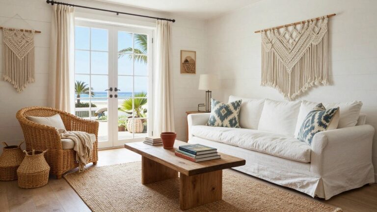White slipcovered sofa with blue ikat pillow and throw on a low wooden coffee table with books and potted succulent, two rattan armchairs nearby, macrame wall hanging on shiplap wall, and French doors to ocean view in a light coastal living room.