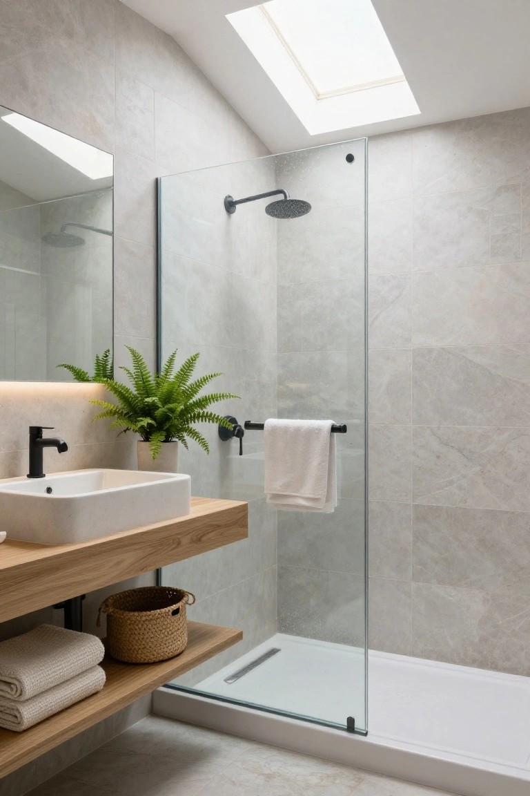 Modern bathroom with light gray tile walls and floor, floating oak wood vanity with white vessel sink, glass shower enclosure with black fixtures, skylight overhead, potted fern plant, and towels on shelves.