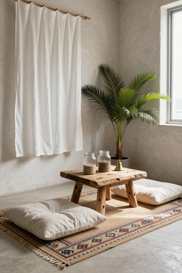 Interior corner with white linen curtains hanging from bamboo rod, potted palm plant, two glass jars with sand on low rough wooden table, white floor cushions on patterned rug, concrete floor, and window.