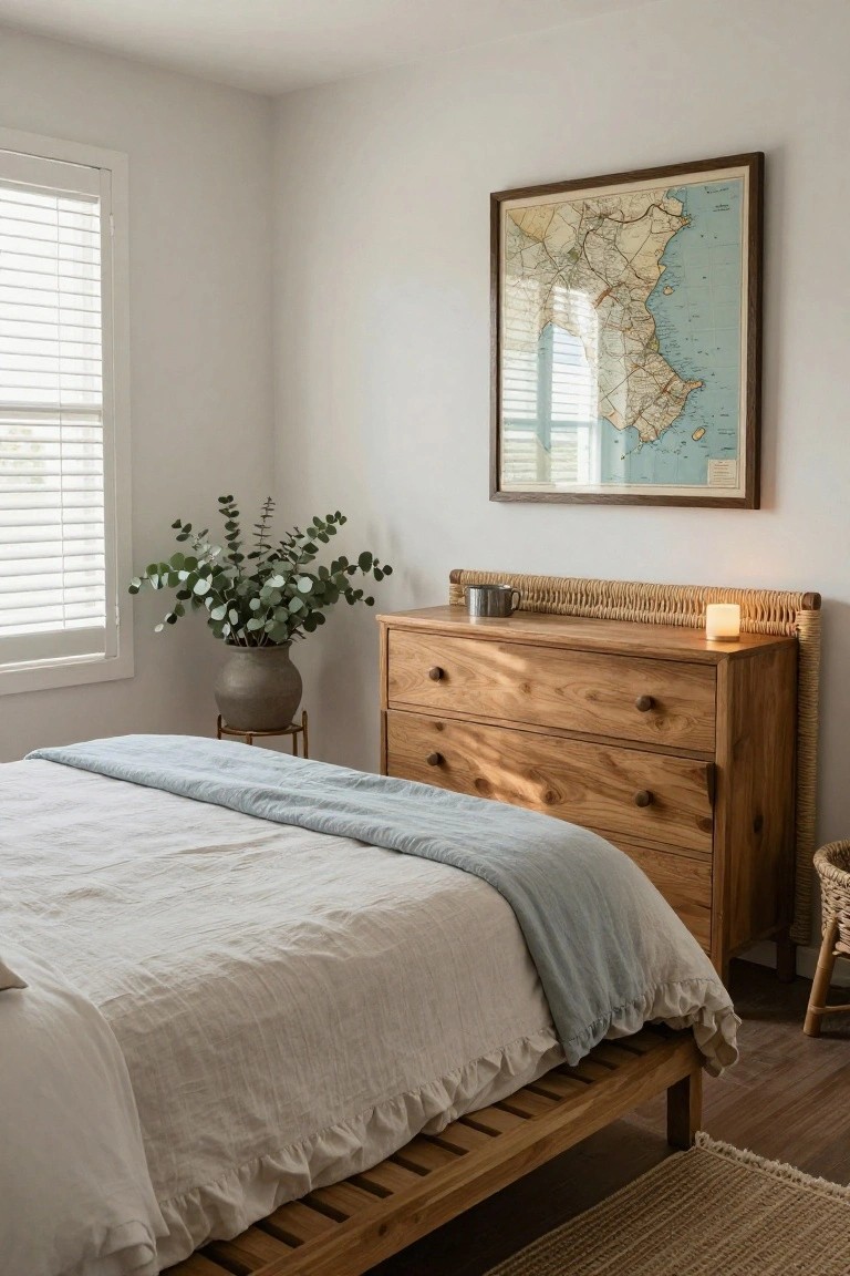 Bedroom corner with light gray walls, wooden low dresser with metal mug and candle on top, potted eucalyptus plant on stand nearby, framed vintage map on wall, bed with white linen sheets rumpled and blue throw, wooden slat bed frame, rattan basket, near window with white blinds.