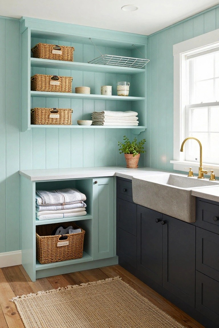 Corner view of a laundry room with open aqua shelves holding wicker baskets and folded towels, white countertop, gray apron sink with gold faucet, navy lower cabinets, shiplap walls, and wood floor.