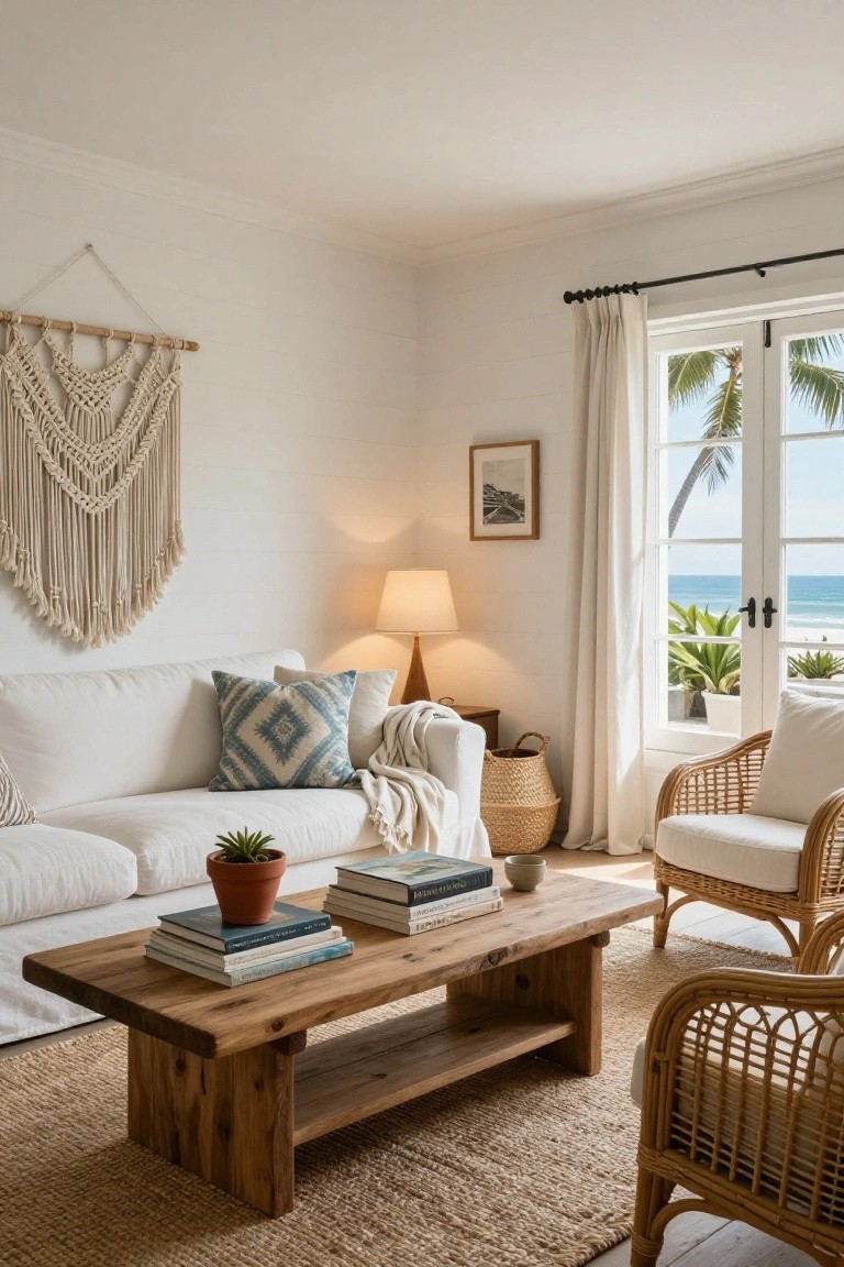 White slipcovered sofa with blue ikat pillow and throw on a low wooden coffee table with books and potted succulent, two rattan armchairs nearby, macrame wall hanging on shiplap wall, and French doors to ocean view in a light coastal living room.