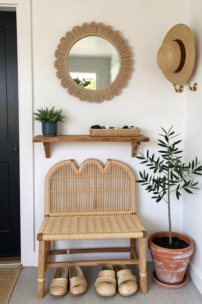 White entryway wall beside black front door with round rattan mirror, wooden shelf holding blue pot of eucalyptus and woven basket of sunglasses, rattan bench with woven shoes below, olive tree in terracotta pot, straw hat on gold hooks, woven mat on tiled floor.