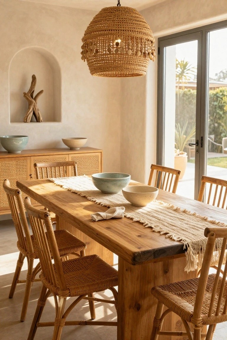 Dining room with a rectangular wooden table, rattan chairs, fringed white runner, turquoise and white ceramic bowls, wooden sideboard, rattan pendant light, arched niche with driftwood, and sliding glass doors to outdoor patio.