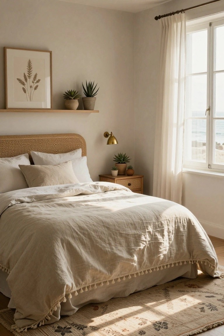 Bedroom with rattan headboard bed dressed in beige linen bedding and pillows, wooden floating shelves holding plants and framed artwork, wooden nightstand with plants, brass wall lamp, and large window with sheer curtains showing ocean view.