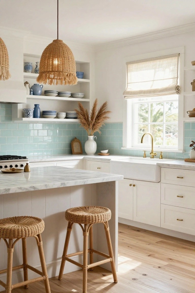 Coastal boho kitchen with white cabinets, mint green subway tile backsplash, marble island countertop, two rattan bar stools, woven rattan pendant lights over the island, white farmhouse sink with gold faucet, open shelving with blue and white ceramics, pampas grass in vase, and hardwood floors.