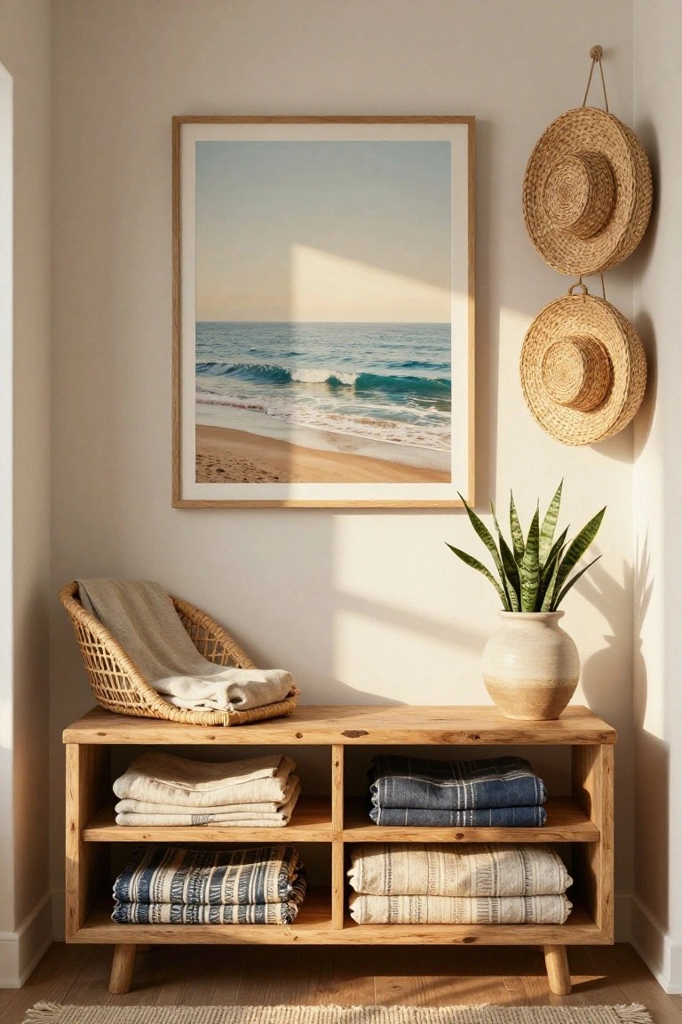 Corner of a light room with a wooden bench storing folded white and blue blankets on open shelves, wicker chair holding a draped linen throw, two straw hats hanging from ropes on the wall, large framed photo of ocean waves and beach, and potted snake plant in a ceramic pot.