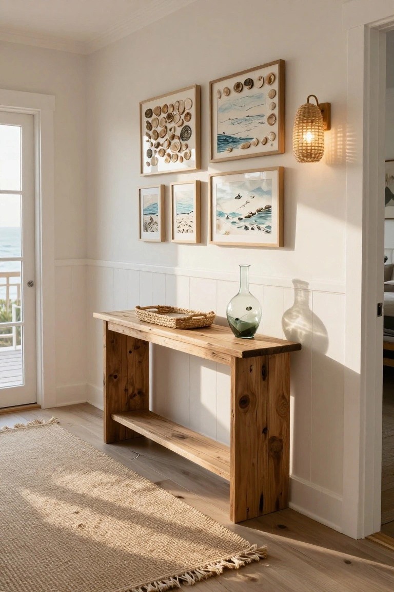 Hallway interior with rustic wooden console table holding a woven basket and green glass vase, white shiplap walls, coastal shell and wave artworks in wood frames, rattan wall sconce, beige rug on light wood floors, and glass door to ocean view.