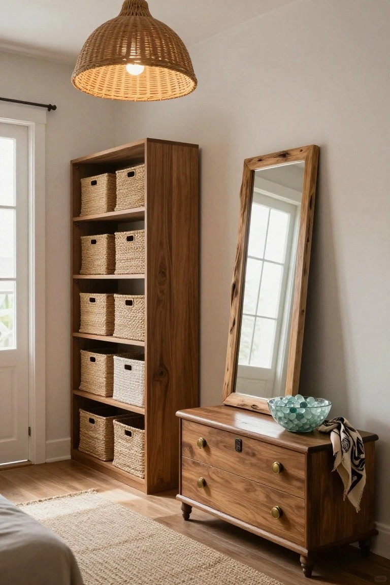 Tall wooden open bookshelf filled with woven seagrass baskets next to a leaning wood-framed mirror and low wooden dresser topped with a glass bowl of blue beads and a scarf in a light bedroom with rattan pendant light and seagrass rug.