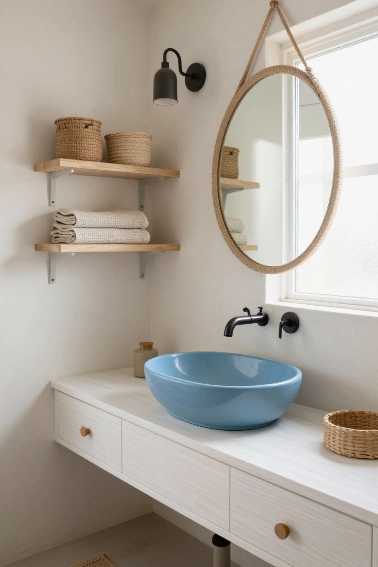 Bathroom corner with white floating vanity and drawers, blue ceramic bowl sink, black wall faucet, open oak shelves holding woven baskets and folded white towels, large round rope-wrapped mirror hanging from rope, black sconce light, and window.