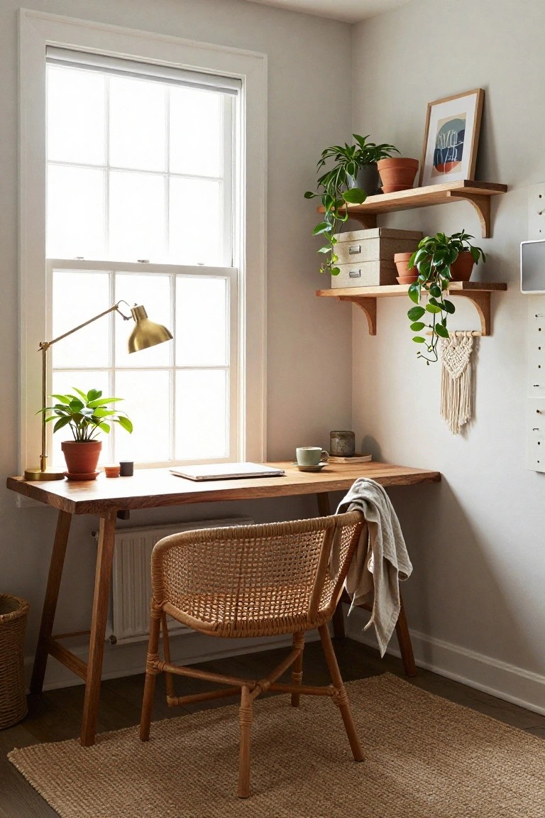 A cozy corner home office with a wooden desk, rattan chair draped with a throw, brass lamp, potted plants on shelves and desk, hanging vine, macrame wall hanging, and a large window with roller shade.