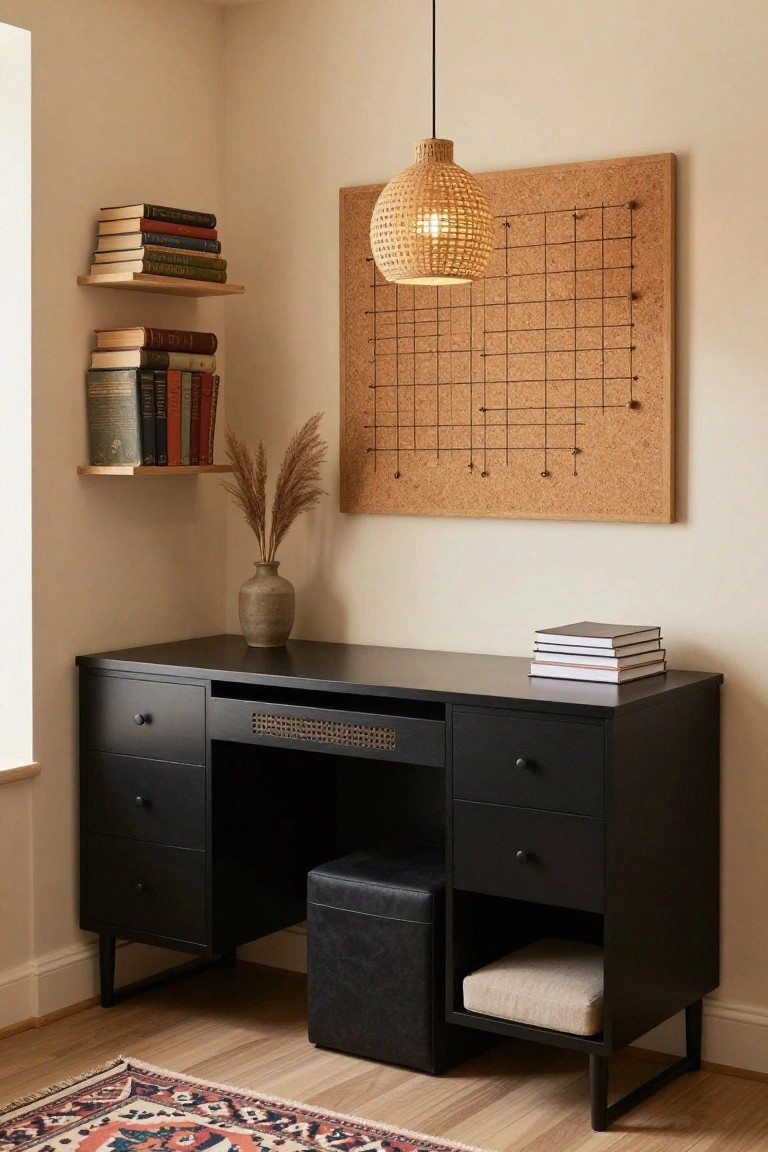 Corner room interior showing black wooden desk with woven rattan panel, integrated black leather stool with beige cushion, wall shelves holding stacked books, small vase of pampas grass, rattan pendant lamp, and large corkboard with grid pattern on wall.