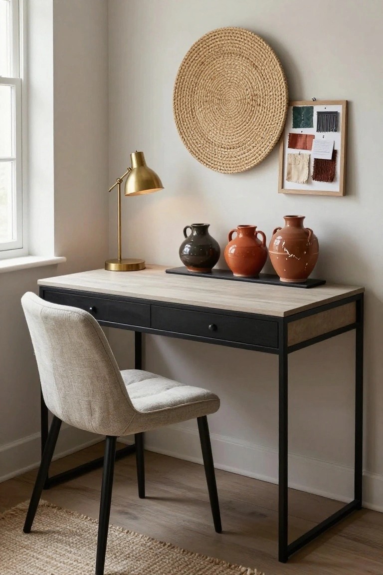 Corner home office with black metal frame desk topped in light wood, beige upholstered chair, gold arched desk lamp, black tray holding three terracotta vessels on the desk, large round woven wall hanging, fabric mood board on wall, and window nearby.