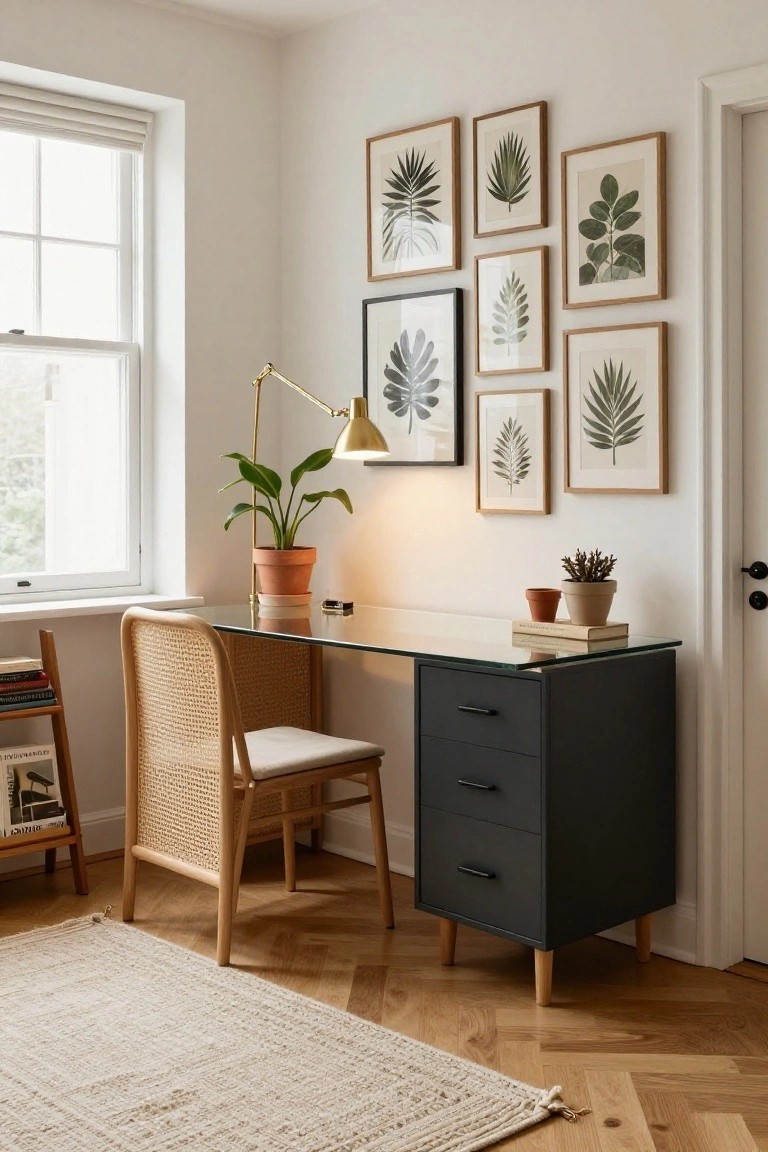 Home office corner featuring a glass-top desk with black base and drawers, rattan chair, multiple framed botanical leaf prints in wood frames on white wall, potted plants, desk lamp, books, and window with blinds.