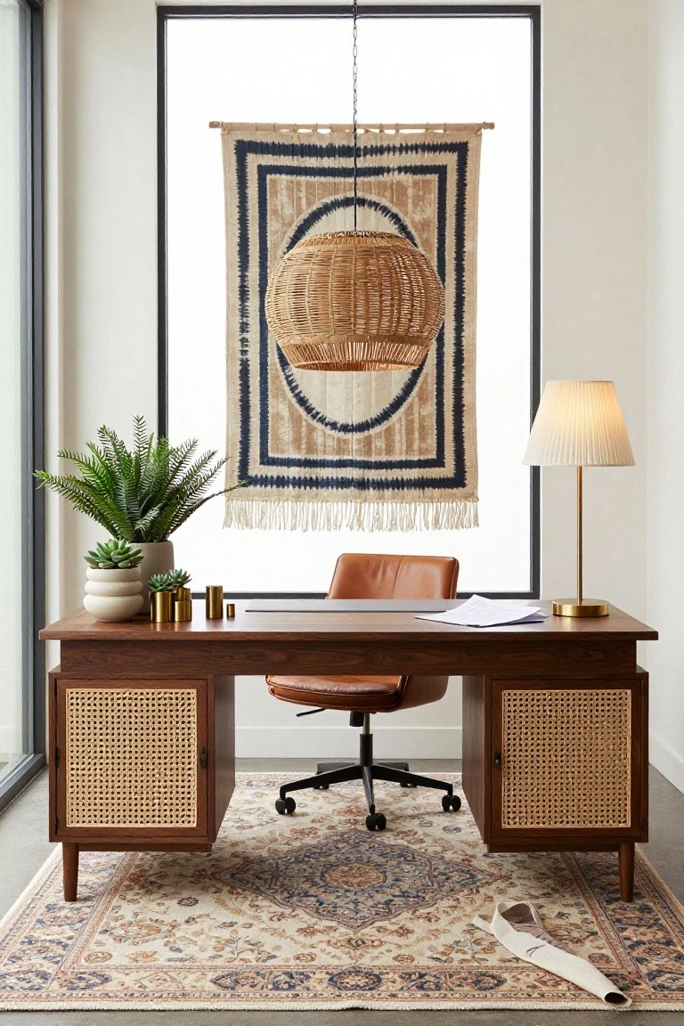 Wooden desk with cane-fronted cabinets on both sides, brown leather swivel chair, desk lamp, potted plants, rattan pendant light above a woven wall hanging, large window, and patterned rug in a modern office room.
