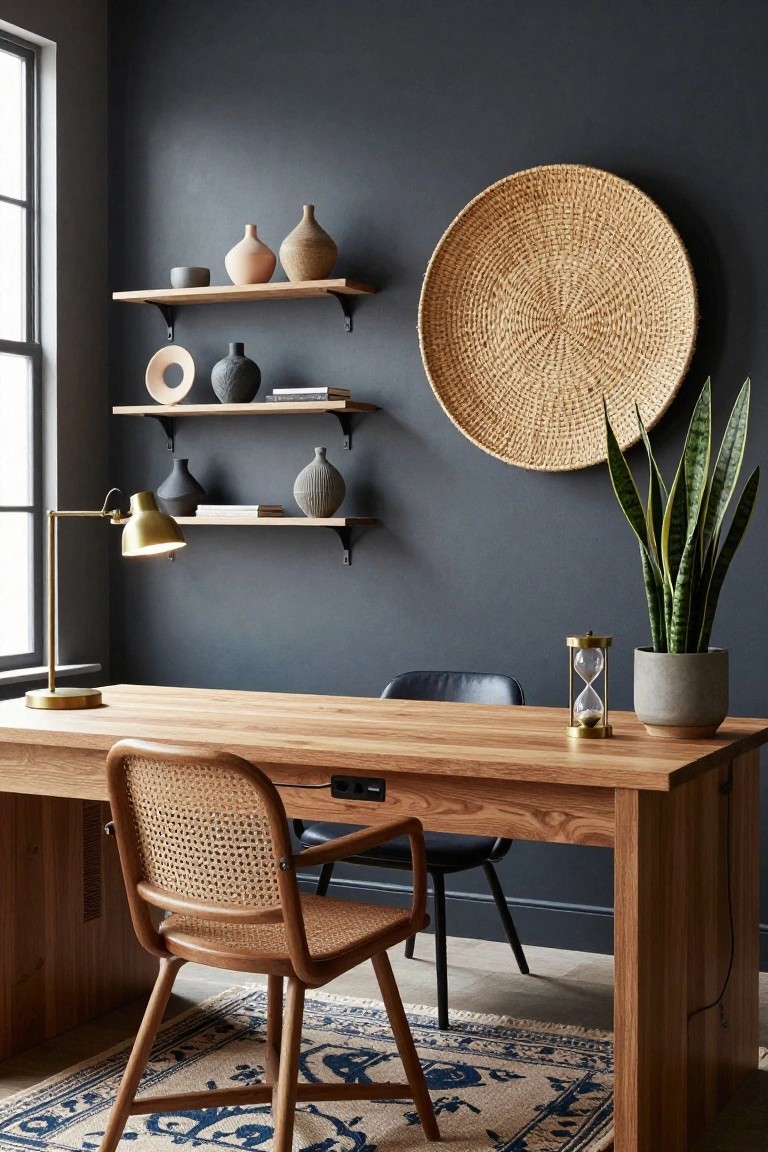 Home office corner with navy walls, two wooden floating shelves displaying ceramic vases bowls and sculptures, large woven wall basket, tall snake plant in gray pot, oak desk with brass lamp hourglass rattan chair blue task chair and blue rug.