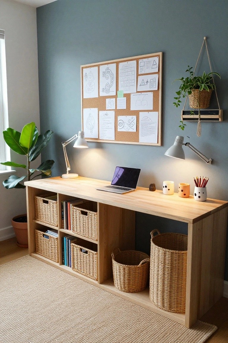 A wooden desk setup in a home office with integrated open shelves holding wicker baskets, a laptop on top, desk lamps, potted plants, and a cork bulletin board on a teal wall.
