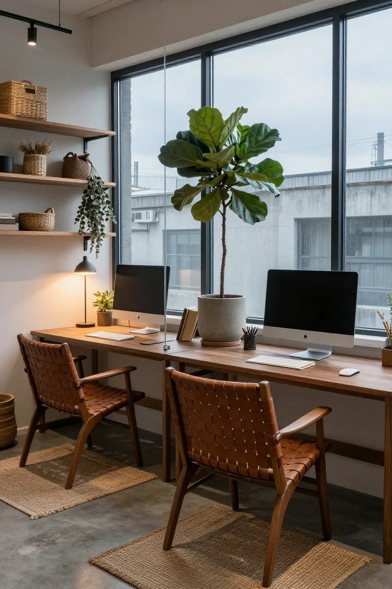 Modern home office interior with two wooden desks side by side against large windows, each with an iMac monitor, leather armchairs, potted plants including a tall fiddle leaf fig, shelves with woven baskets, and desk lamps.