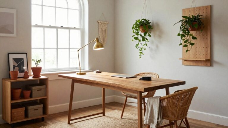 A cozy corner home office with a wooden desk, rattan chair draped with a throw, brass lamp, potted plants on shelves and desk, hanging vine, macrame wall hanging, and a large window with roller shade.