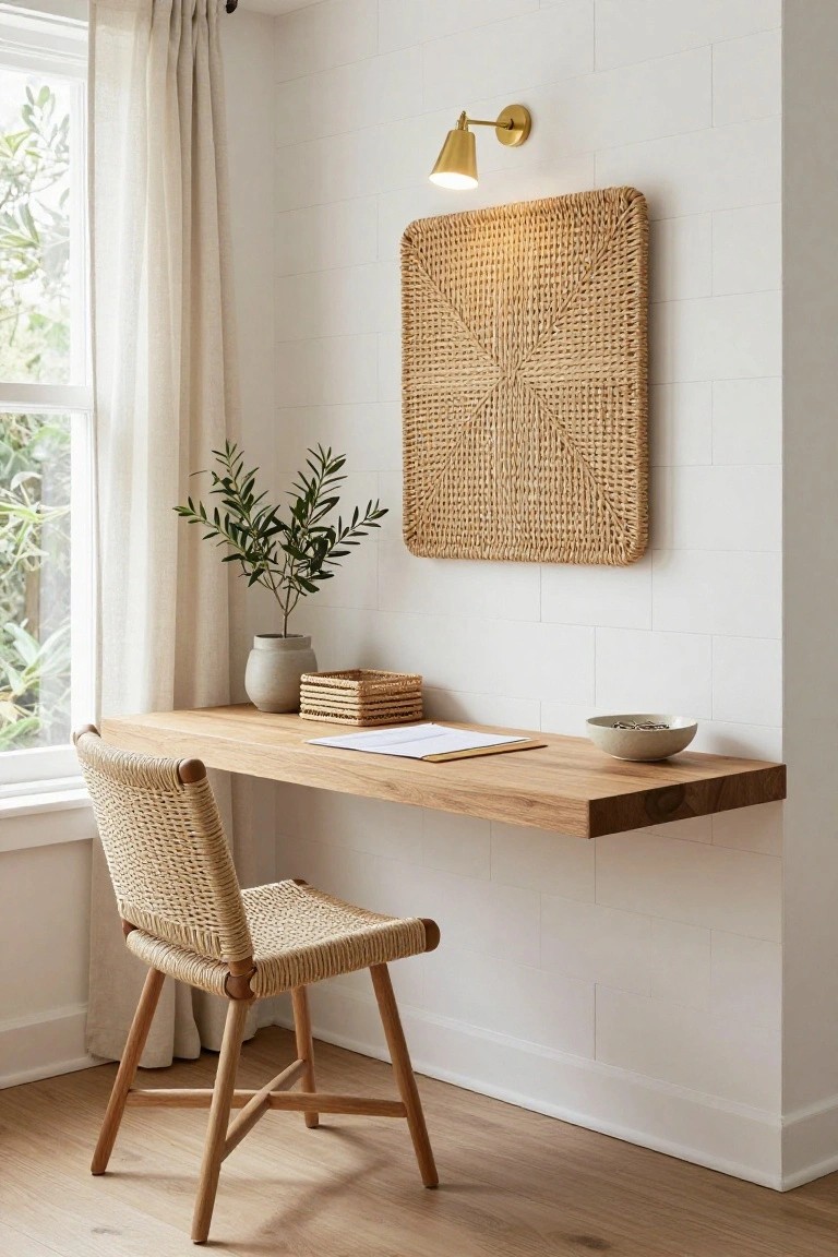White-tiled wall with floating oak desk, rattan chair with wood legs, potted olive plant, woven rattan wall art, brass sconce light, and window with sheer curtains in a home office nook.