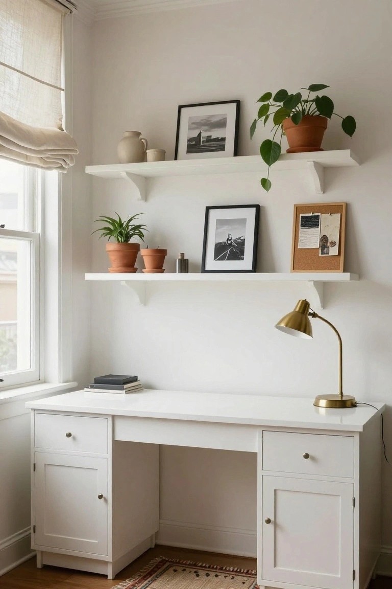 A white double-pedestal desk in a bright corner room under two floating white shelves with potted plants, framed black-and-white photos, a corkboard, pottery, and a gold arched desk lamp next to a window with beige roman shades.
