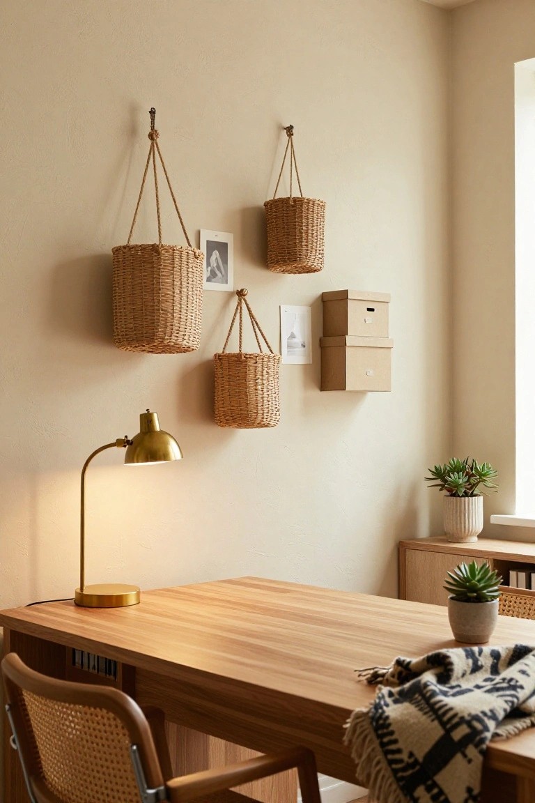 A home office with light beige walls featuring several hanging wicker baskets, a wooden desk with gold desk lamp and potted plants, a cane chair, and a throw blanket draped over the desk corner.