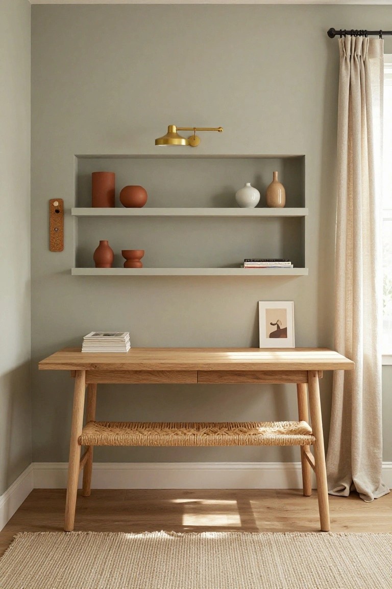 Corner of a room featuring pale green walls, built-in alcove shelves with terracotta and white pottery, a wooden desk with rattan shelf underneath, open books on the desk, a small framed artwork, and beige curtains on a window.
