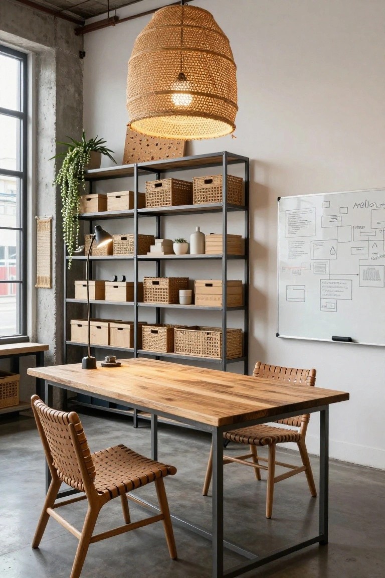 A home office with black metal shelving units stocked with wooden crates, woven baskets, ceramics, and plants next to a wooden desk, rattan chairs, pendant light, and whiteboard on a white wall.