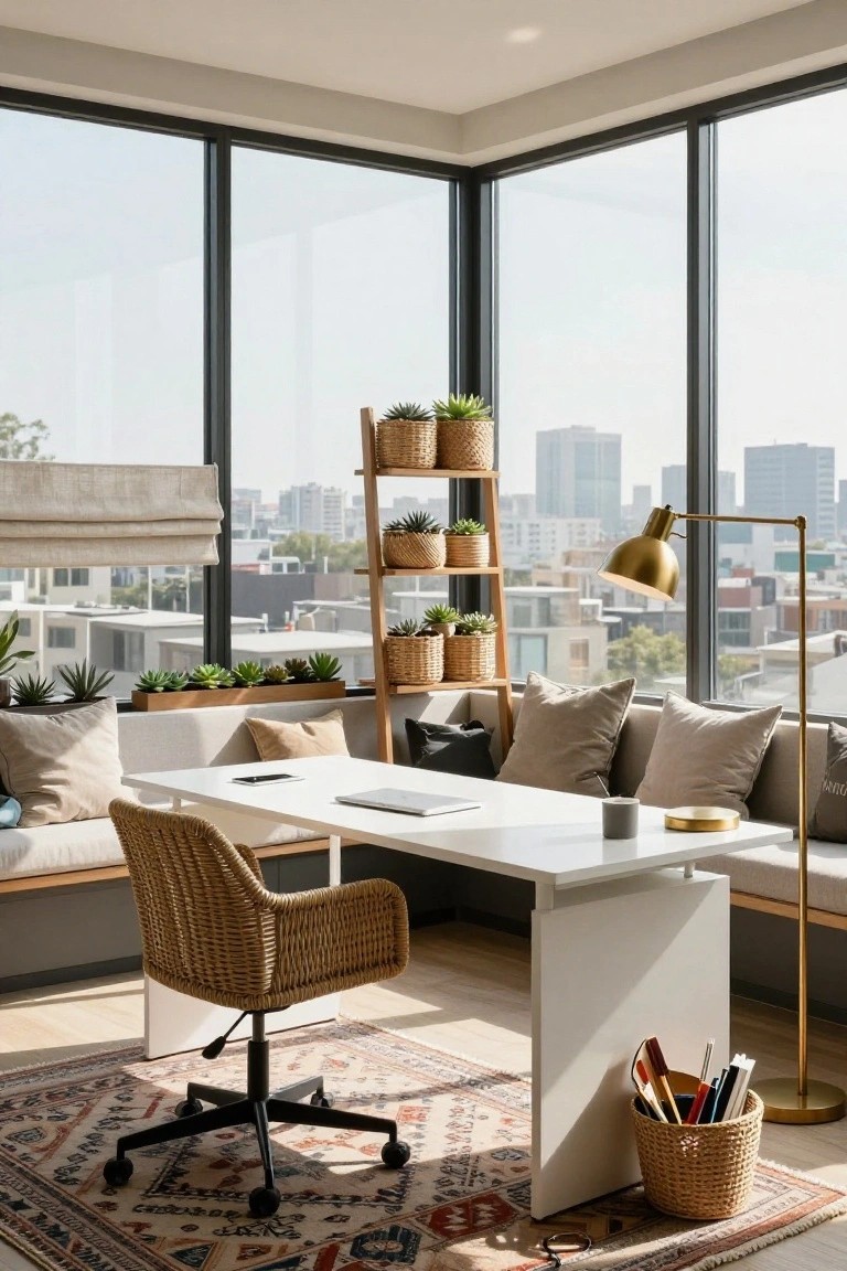 Corner home office with white desk, rattan armchair on wheels, built-in bench with cushions, tall wooden ladder shelf holding multiple potted plants, large black-framed windows showing city skyline, gold arc lamp, and woven baskets.